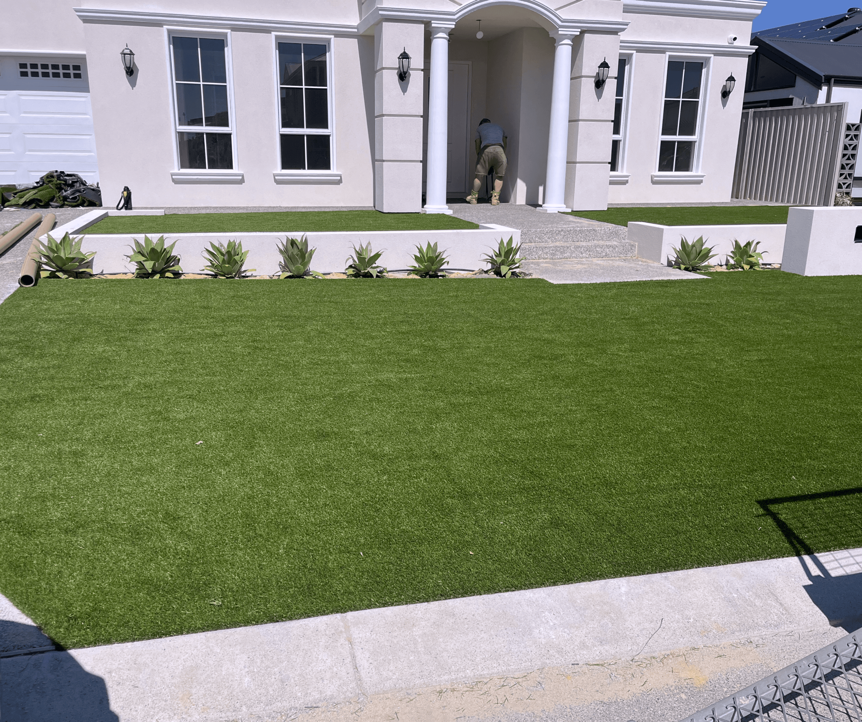 Wide artificial front lawn in front of a white rendered house with a row of agaves